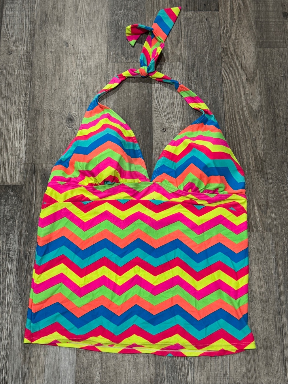 Deb Women Swim Neon Pink, Bright Green, Blue & Orange Chevron Halter Tankini Top